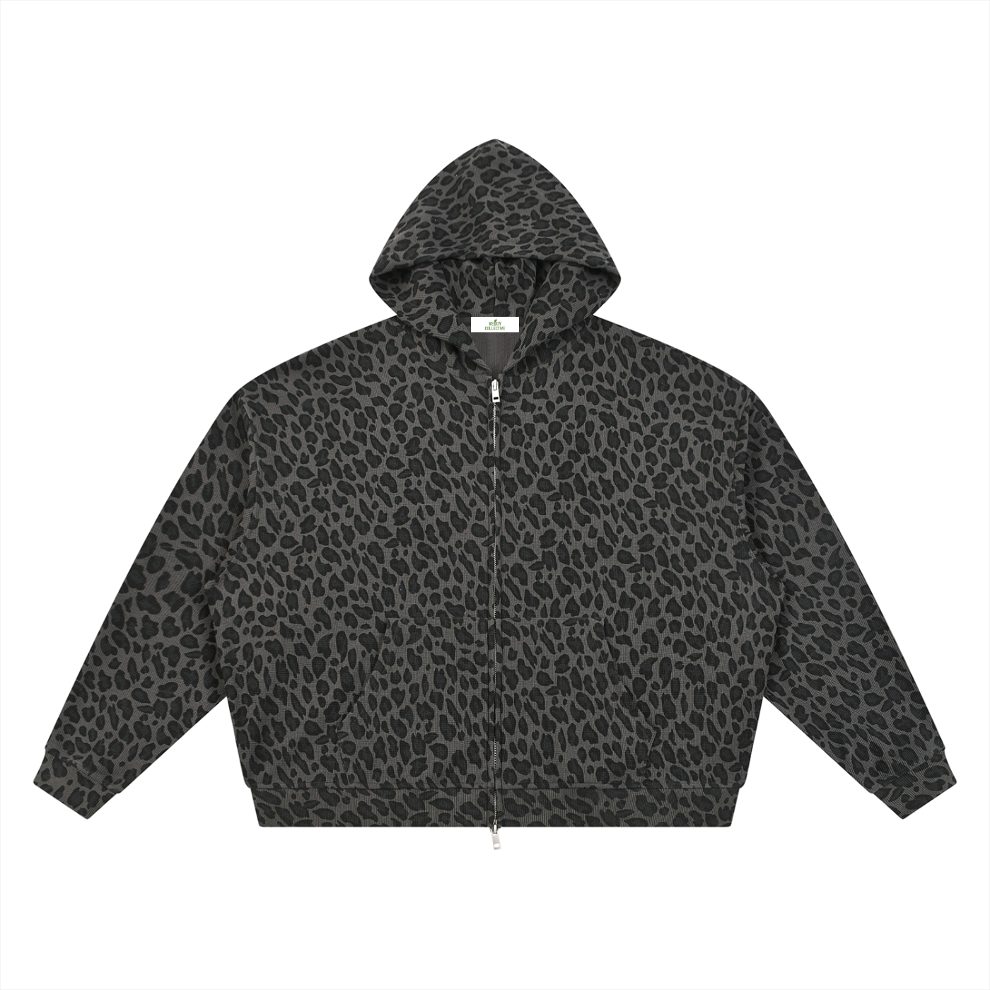 Leopardmønstret vaffel-hettegenser med hel glidelås for unisex