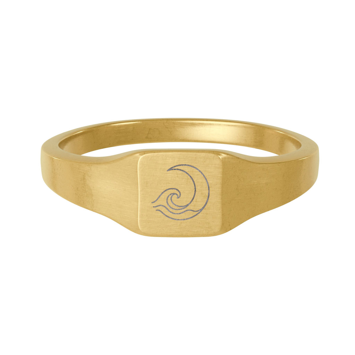 Gold Stainless Steel Square Signet Ring — Engraved Wave Design — The Philosophy Curiosity Collection