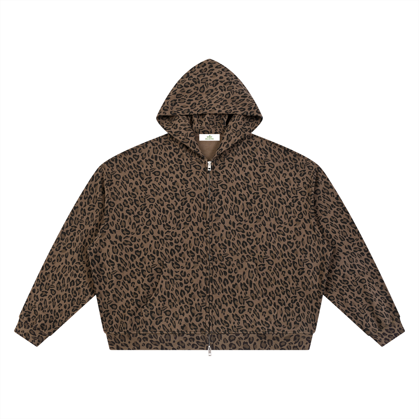 Leopardmønstret vaffel-hettegenser med hel glidelås for unisex